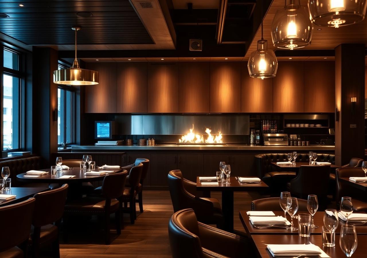The Ember Grill dining room with leather banquettes and an open flame grill